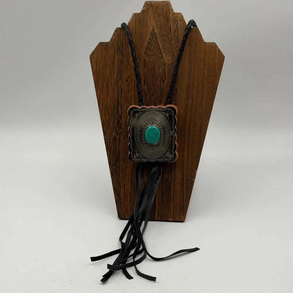 Western Bolo Tie Silver Turquoise Concho Braided Leather Fringe Tassel Black